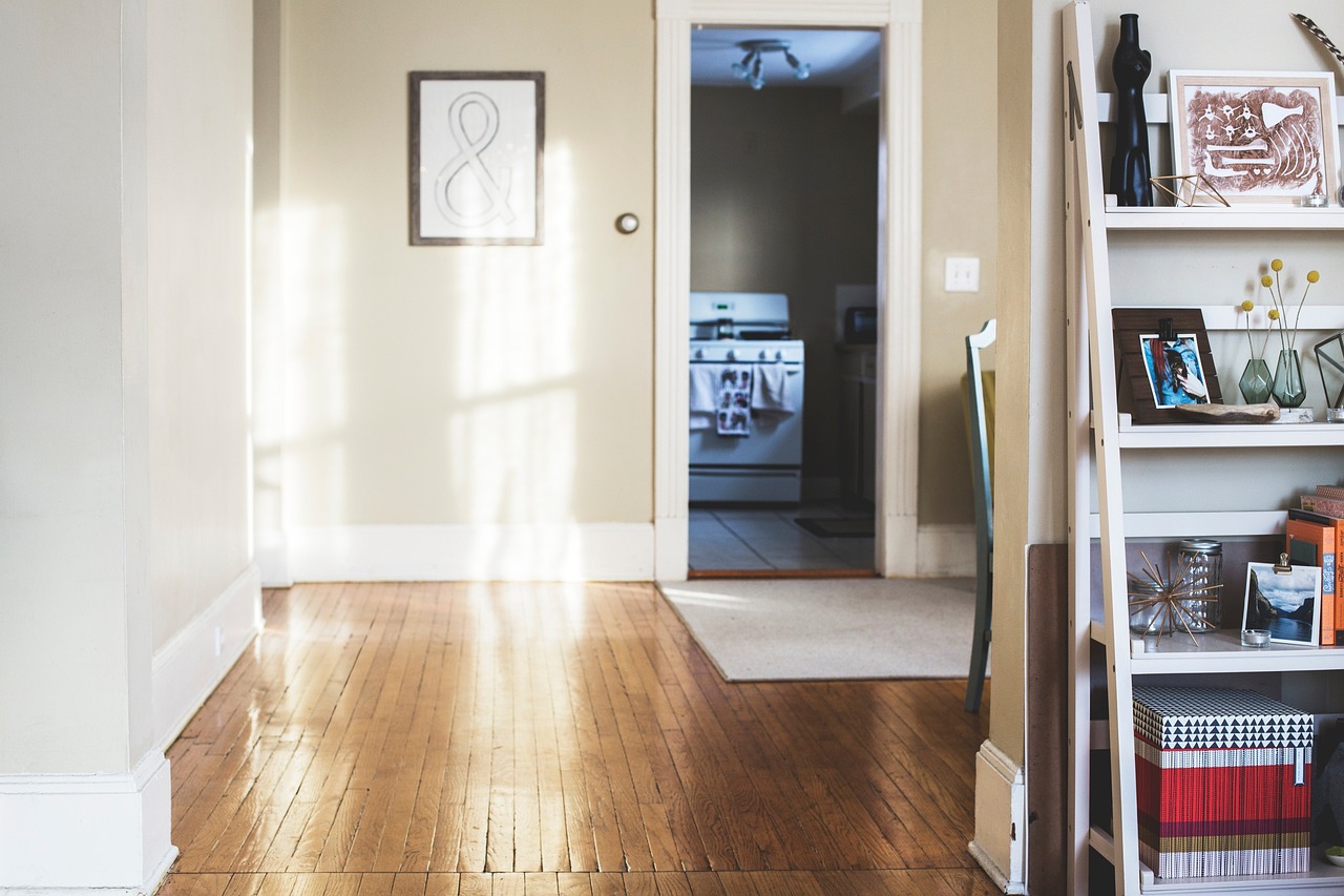 couloir d'appartement avec un encadrement de porte blanc menant vers une autre pièce, parquet bois au sol